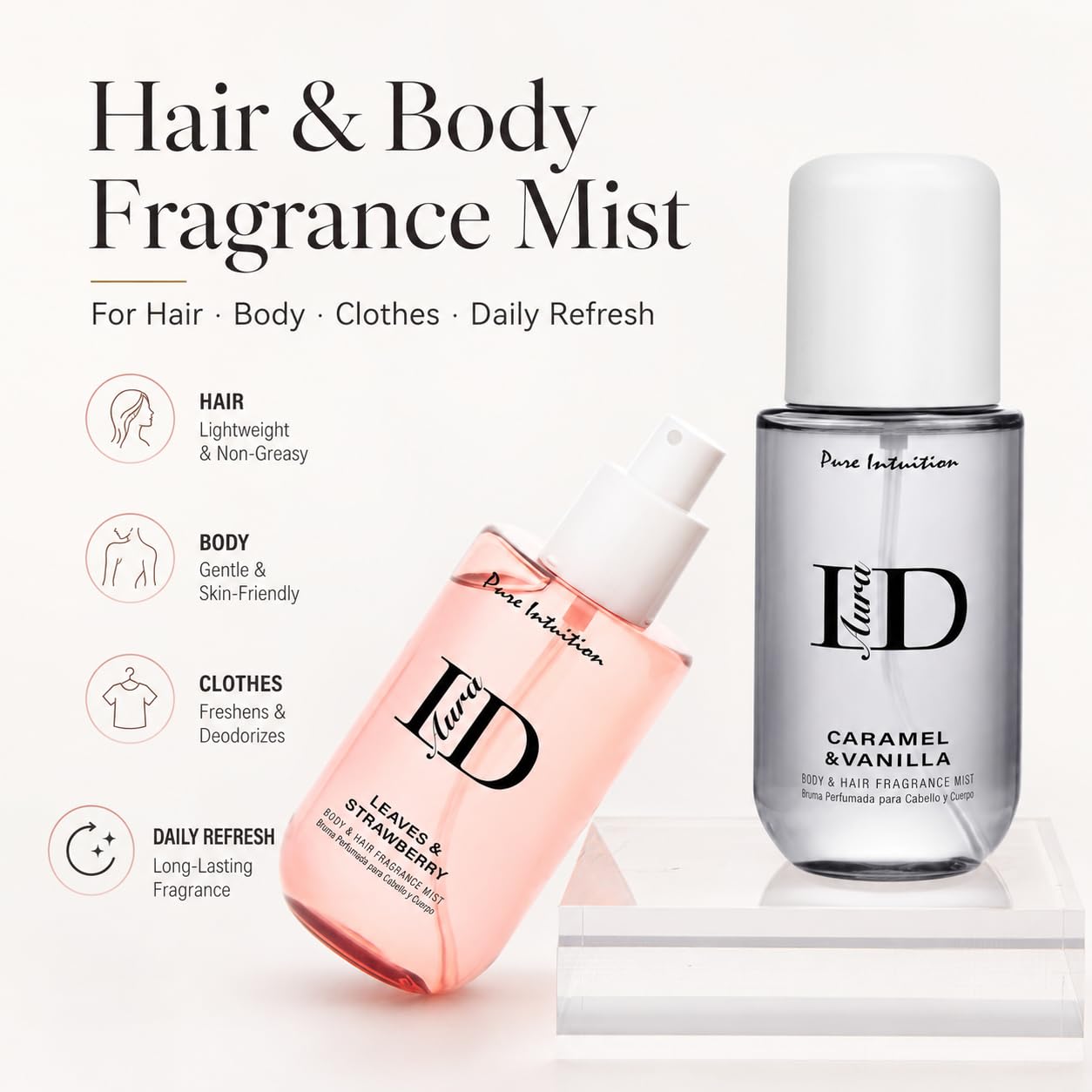 Caramel Vanilla & Strawberry Hair & Body Mist Gift Set - Lightweight Layerable Spray | 2 Pack, 5.9 fl oz Each