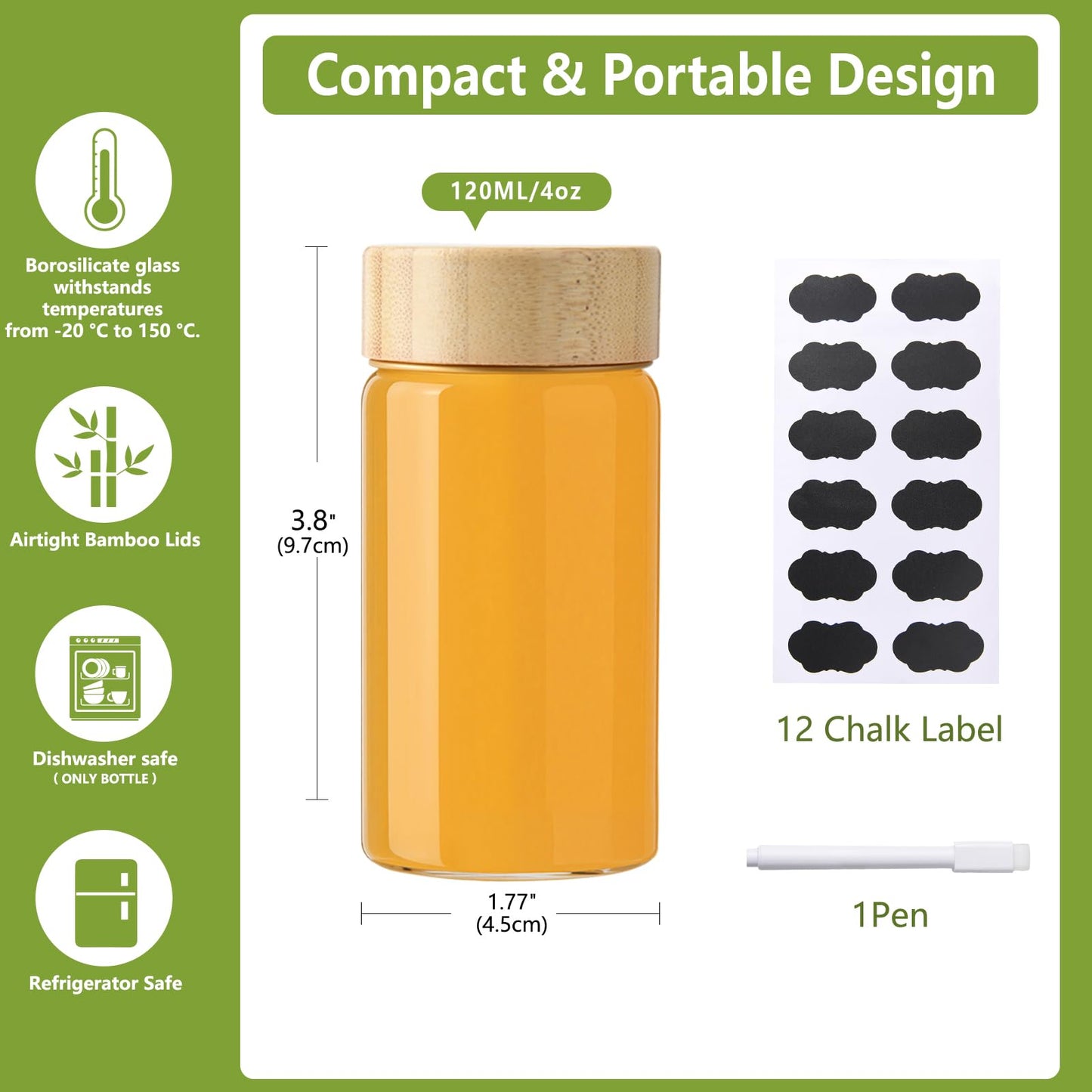BPFY 12 Pack 4oz Glass Shot Bottles with Caps, 120ml Borosilicate Glass Juice Shot Bottles, Dishwasher & Freezer Safe, Reusable Wellness Ginger Shot Glass Jars with Lids for Juicing
