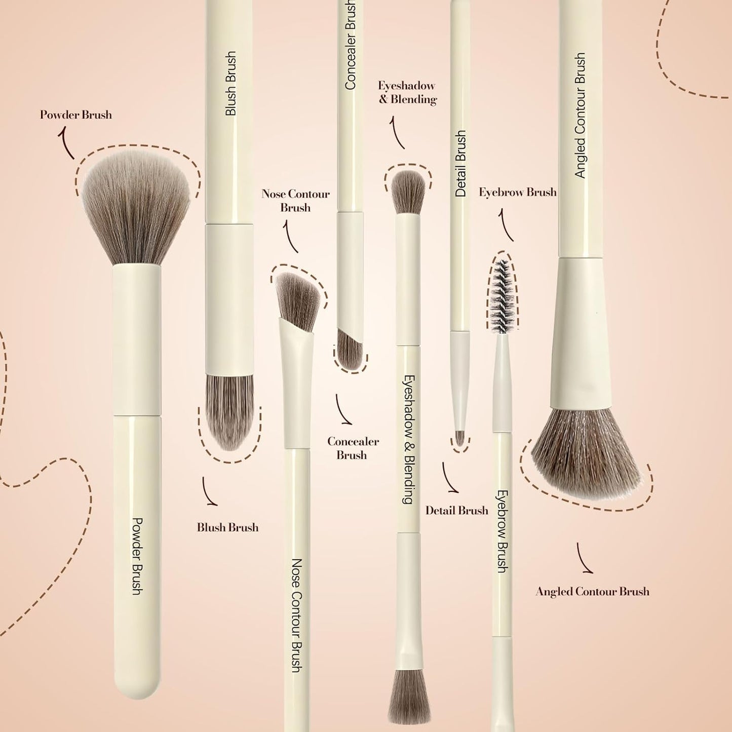 Makeup Brush Set - Premium Synthetic Brushes with 2 Puffs | 8-Piece Kit for Powder, Concealers & Eye Shadows (White)