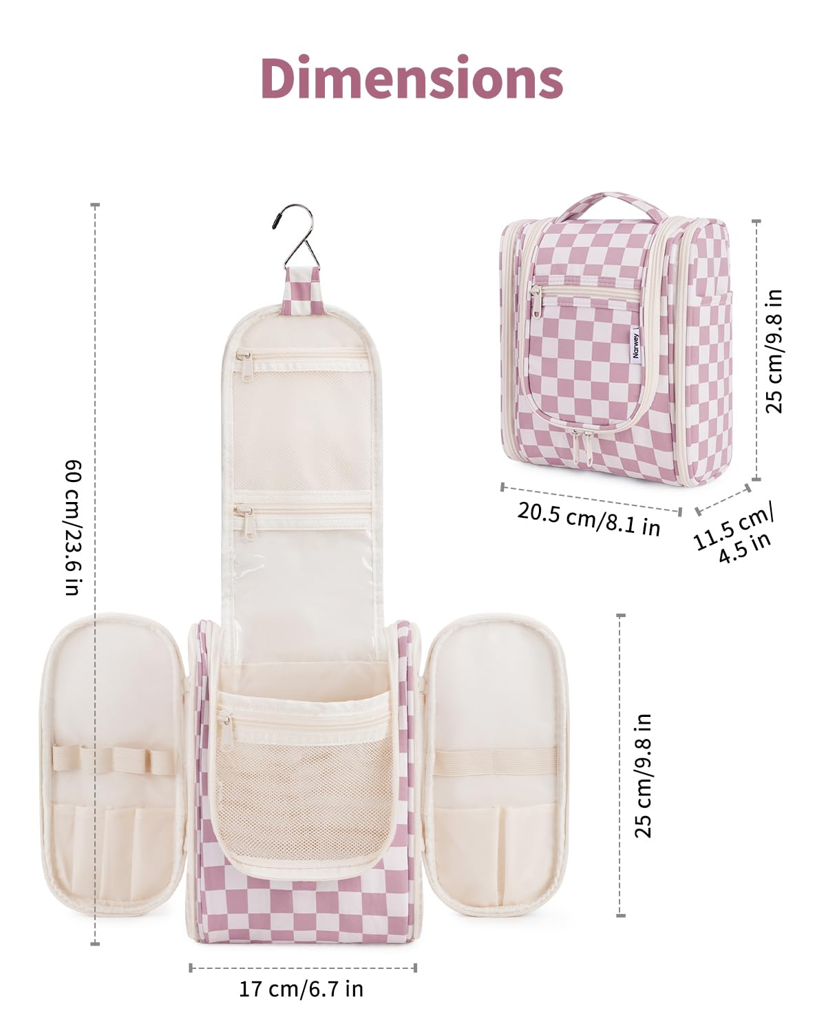 Narwey Small Checkered Hanging Travel Toiletry Bag for Women, Travel Bag for Toiletries, Makeup Bag Organizer Cosmetic Bags Make Up Bags for Women (Dusty Rose Checkerboard)