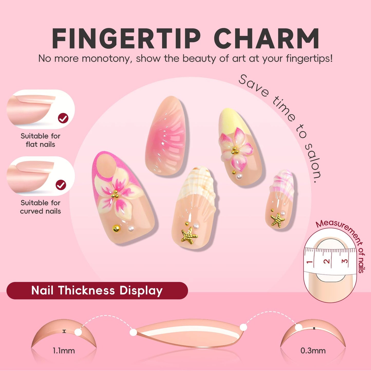 HOSAILY Pink Press on Nails Short Almond Milky Butter Yellow French Tip Pink Ombre 3D Flower Gold Starfish Rhinestone Gold Beads Beach Vacation Glossy Handmade Summer Cute Nails for Women(30Pcs)