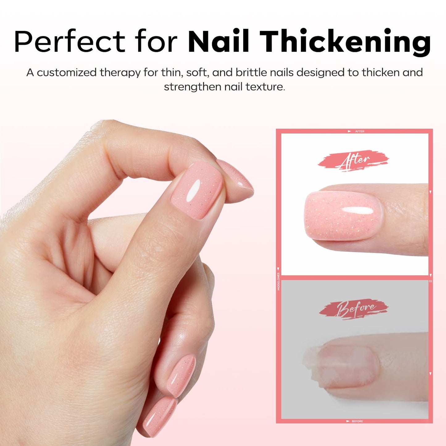 Modelones Builder Rubber Gel Base Coat - Nude Pink Glitter Nail Polish for Strengthening and Apex Building | Long-Lasting UV Manicure
