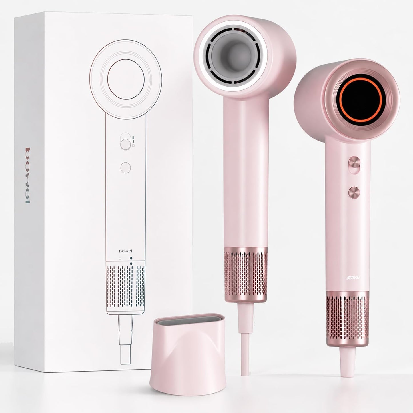 BOWEI High-Speed Hair Dryer - 110,000 RPM Lightweight Blow Dryer with Smart Thermo-Control | Pink, Anti-Frizz, All Hair Types