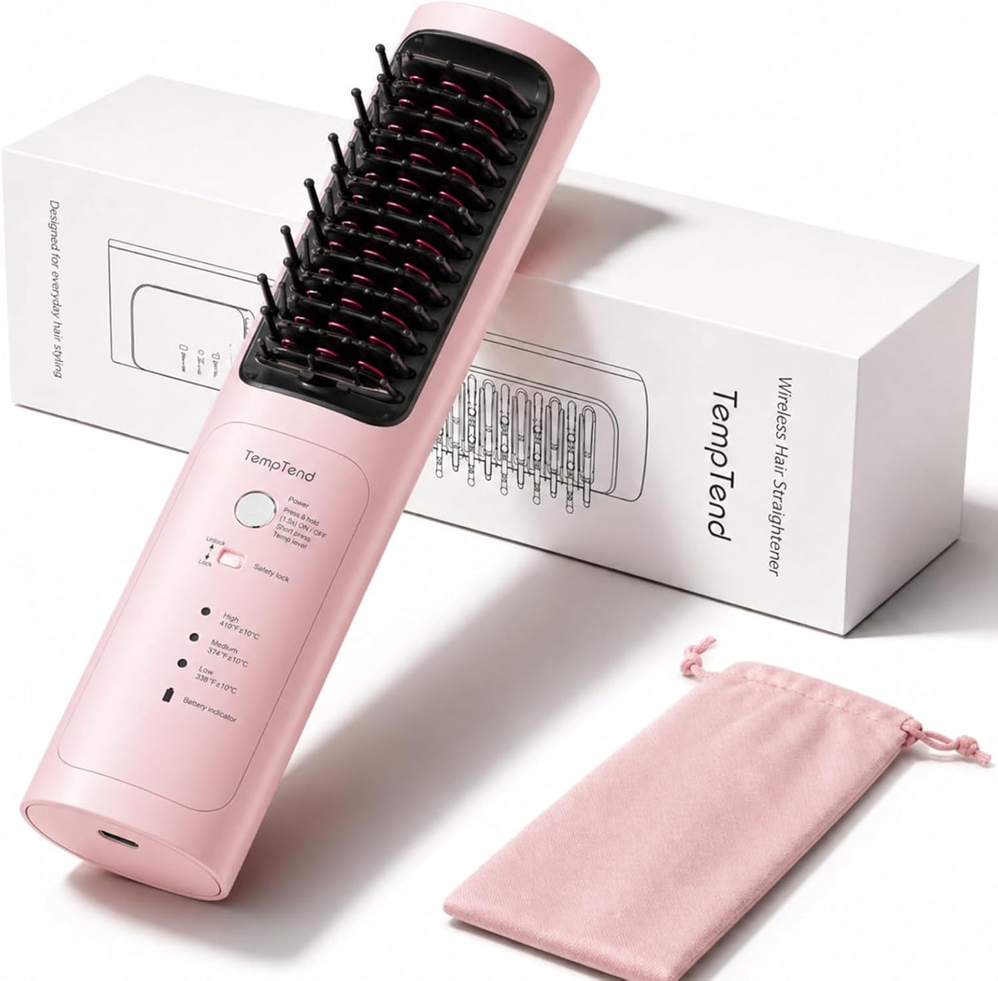 Cordless Hair Straightener Brush - Portable Ionic Styling Tool with 3 Heat Levels | Mirage Pink