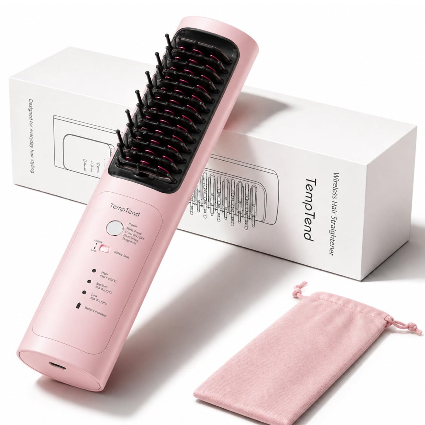 Cordless Hair Straightener Brush, Portable Straightener with Ionic Hair Brush Care, Fast Heated Styling, 3 Heat Levels, and Anti-Scald Care for Travel, Office, and Hotel, Gift for Women, Mirage Pink