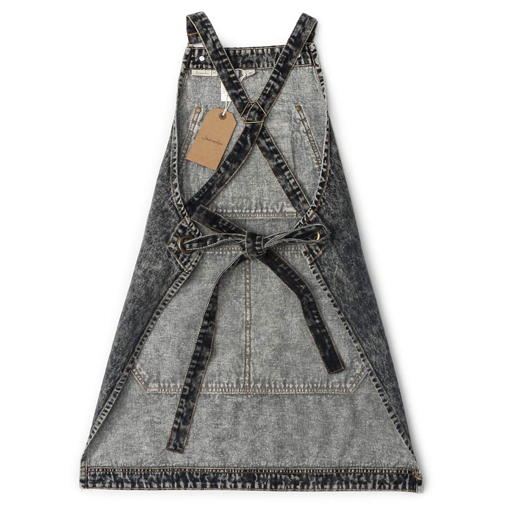 Jeanerlor - Cotton Denim Shop Black Tool Aprons with Pockets for Men - Jean Work Aprons for Men Cross Straps & Adjustable L to XXL