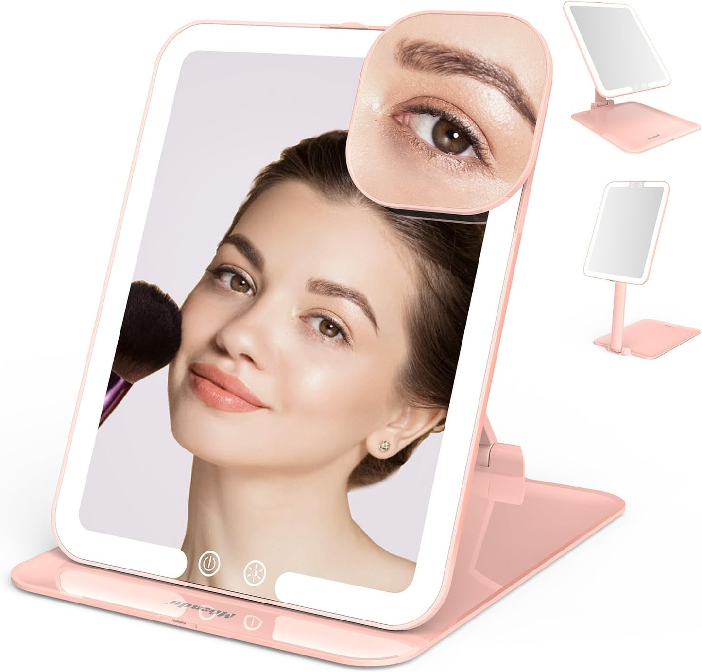 Mocado Travel Makeup Mirror - Lighted Triple Folding Vanity Mirror with 3 Color Settings | Rechargeable 1500mAh Battery, Adjustable Height & Angle (Black)