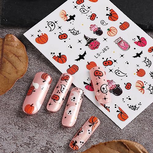 FUKIDOG Cute Halloween Nail Art Stickers Ghost Pumpkin Bat 3D Self-Adhesive Decals for Women & Kids - Halloween DIY Manicure Supplies, 6 Sheets
