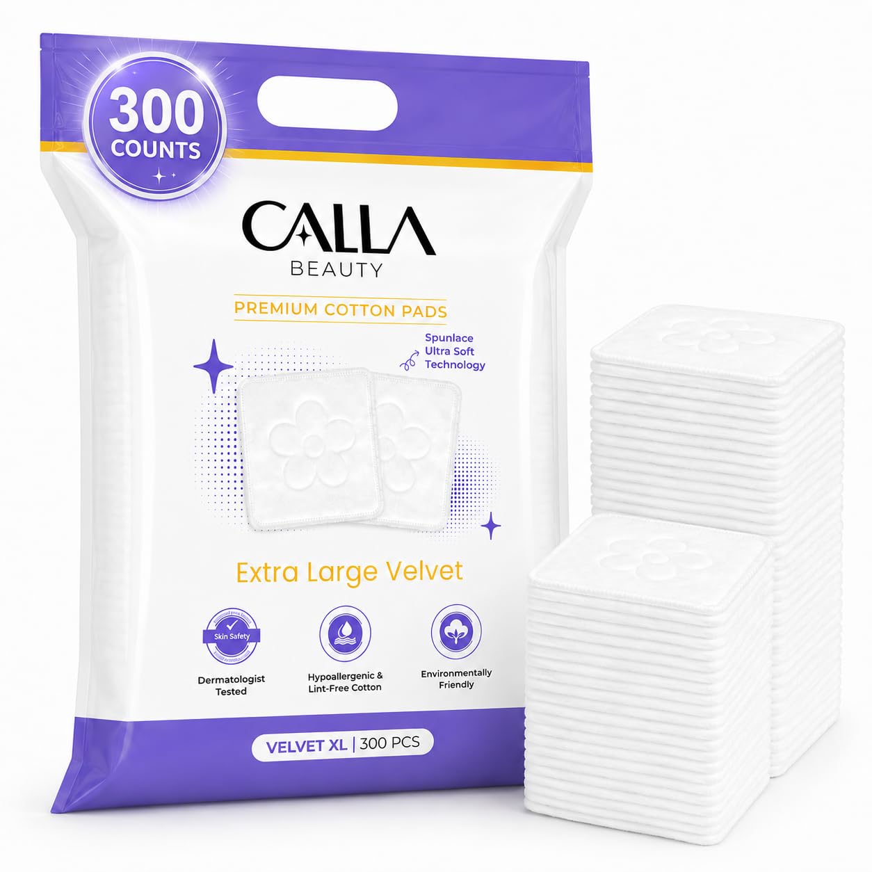CALLA BEAUTY Velvet XL Cotton Pads, 300 Counts (250 + 50 Extra) - Premium Spunlace Technology - Large, Ultra Soft Square Pads for Makeup Removal, Toner, Nail, Lint-Free & Absorbent for Face & Body