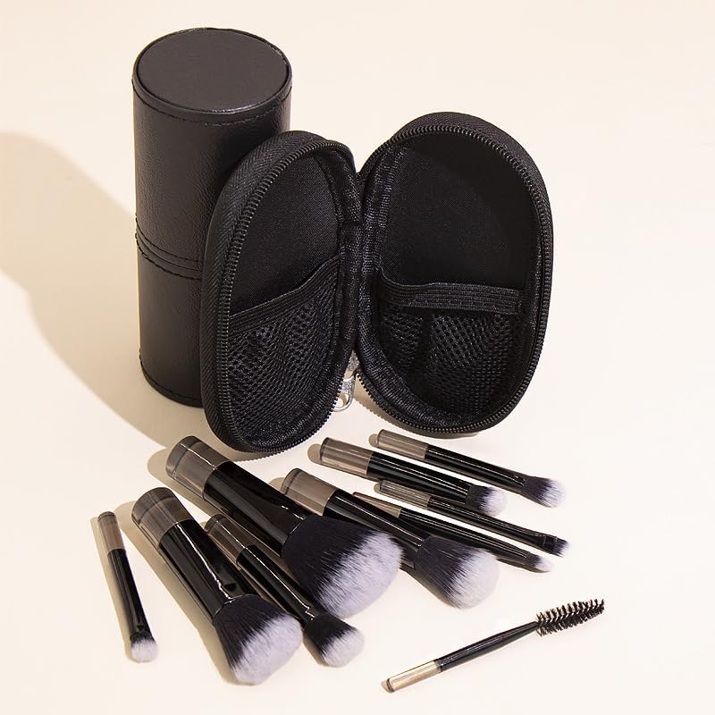 COSHINE Black Portable 10-Piece Makeup Brush Set with Pouch - Travel-Friendly Cosmetic Brushes