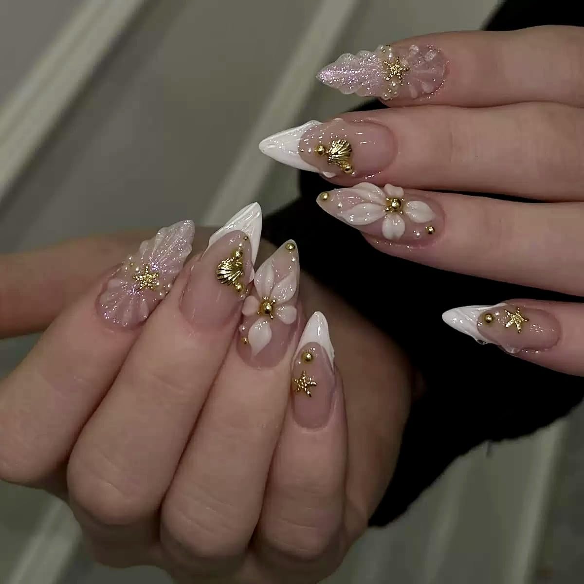 Press On Nails Almond - Medium Aurora Design Full Cover Fake Nails | 24 Pcs White Stick-On for Women