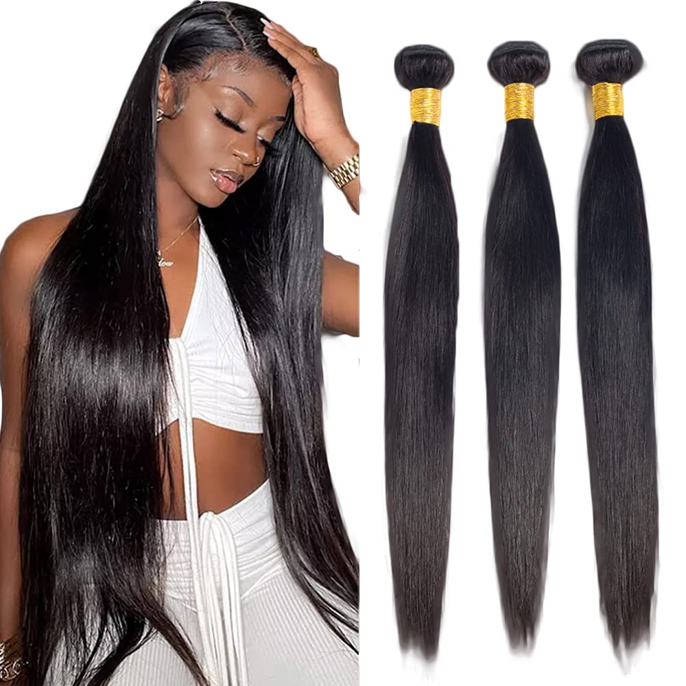 #1B Human Hair Bundles Natural Color Straight Bundles 20 22 24 Inch Balck Bundles Unprocessed Brazilian Virgin Hair 3 Bundle 50 Gram Per Bundle Deals Quick Weave Hair Extensions