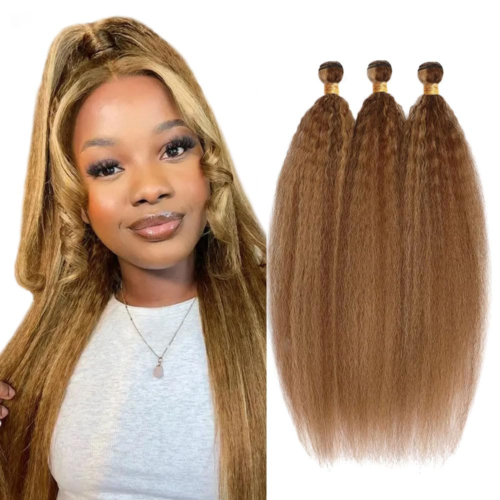 22 24 26 Inch P4/27 Highlight Blonde Bundles Human Hair Yaki Straight 3 Bundles Brazilian Remy Hair 50 Grams/Bundle 10A Grade Unprocessed Virgin Hairs Blonde Kinky Straight Bundle Weaves Extensions