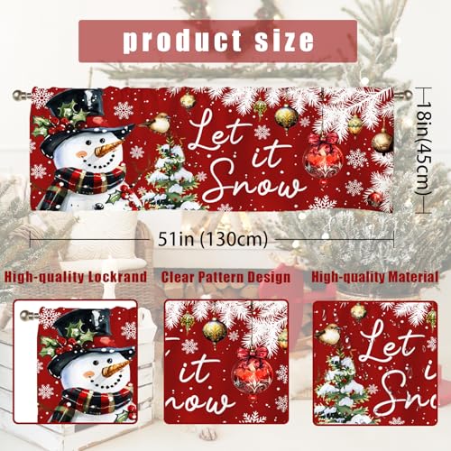 Snowman Christmas Valance Curtains - 51x18 Red Drapes for Windows