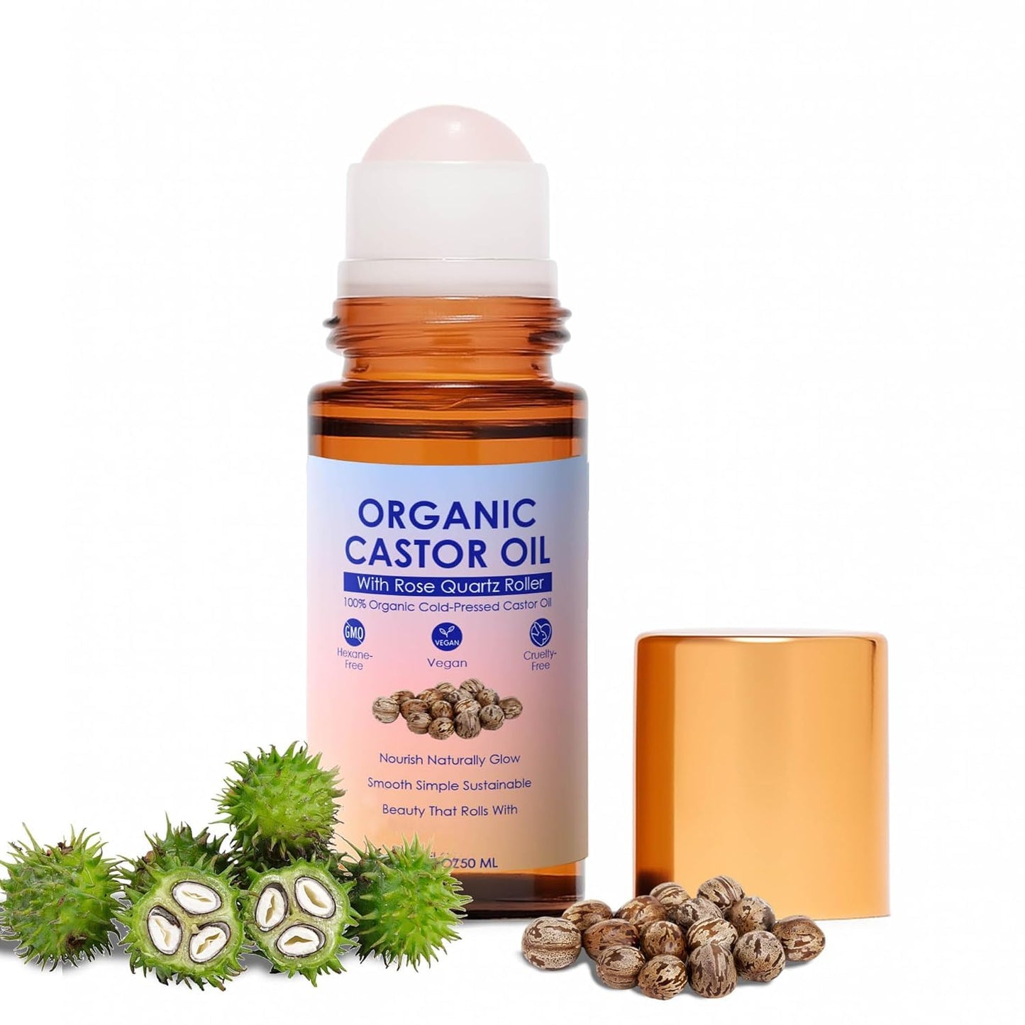 Organic Castor Oil Roll On Rose Quartz Roller Ball Applicator Cold Pressed, Hexane Free Eyebrow Growth, Lash Care, Cuticle & Hair Care Amber Glass 1.7 fl oz