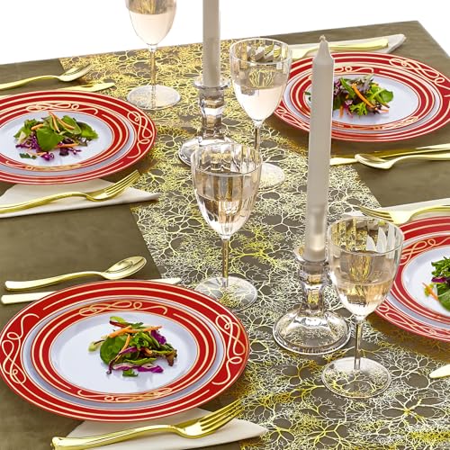 10 Pack of 10.25" White Plastic Dinner Plates with Red Rim - Perfect for Parties & Special Occasions