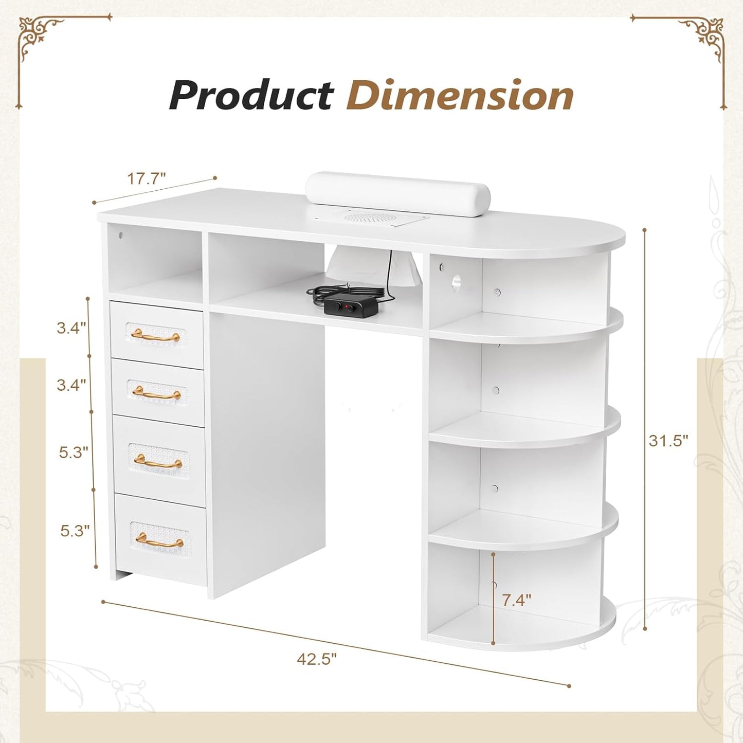 OmySalon Nail Desk - Electric Dust Collector Manicure Table | Rattan Professional Salon Station with Storage Drawers & Acetone Resistant Surface (White)