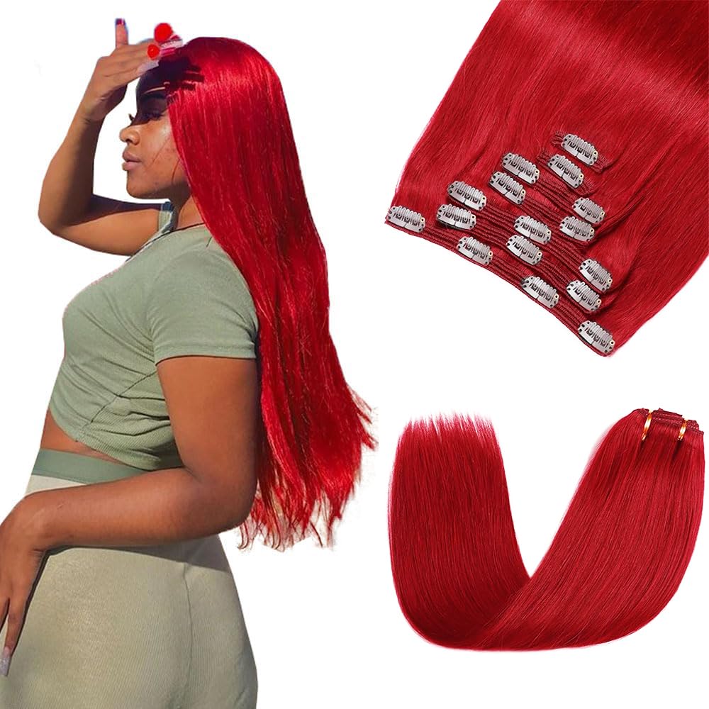 Red Clip in Hair Extensions Real Human Hair,30 Inch 120g/7Pcs,Full Shine Bright Red Hair,Wine Red Straight Clip ins Brazilian Virgin Human Hair Extensions