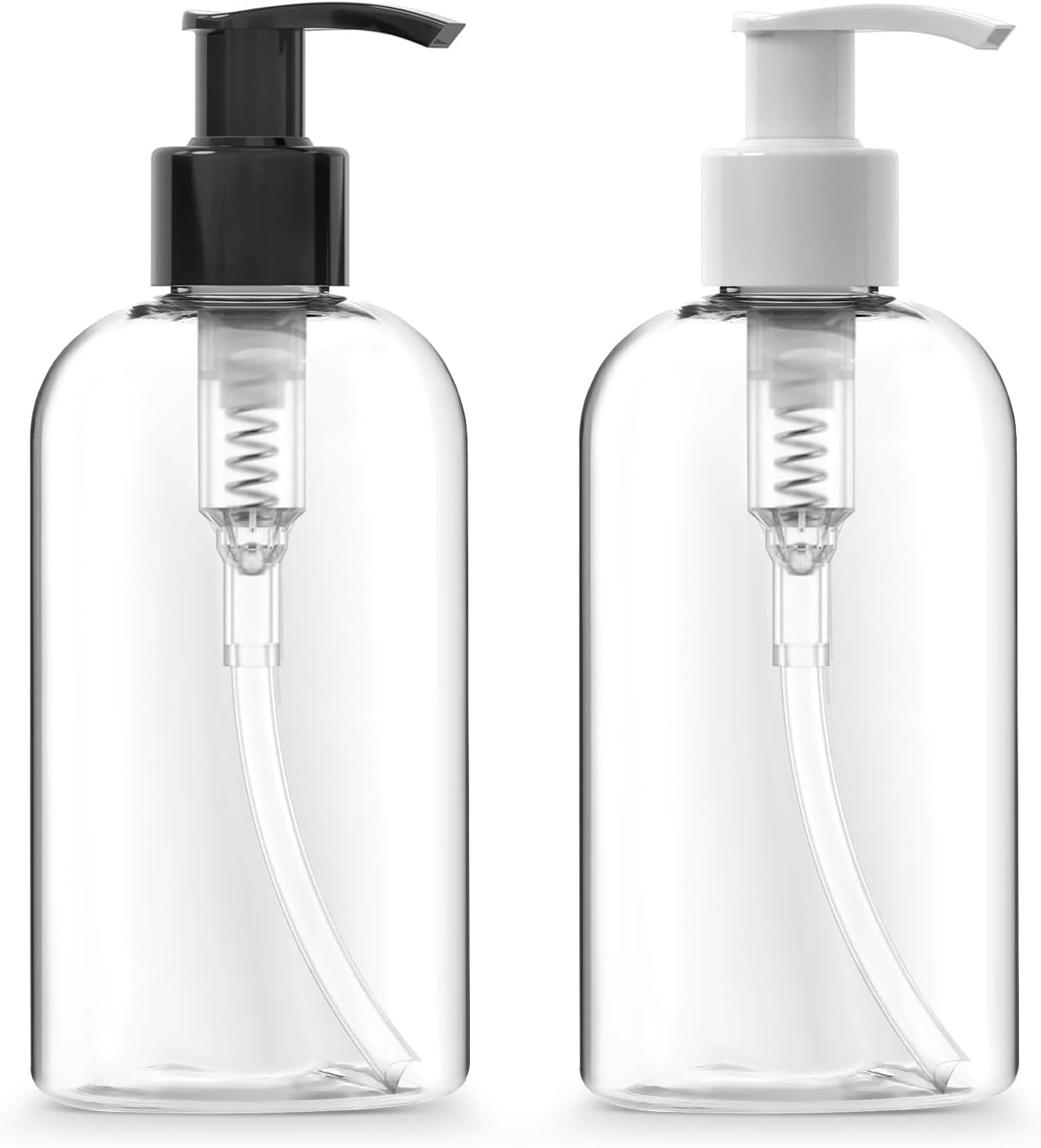 Plastic Pump Dispenser Bottles - 8 oz Clear Refillable | Leak-Proof, BPA-Free for Body Wash & Moisturizers | Set of 2 with Black & White Caps