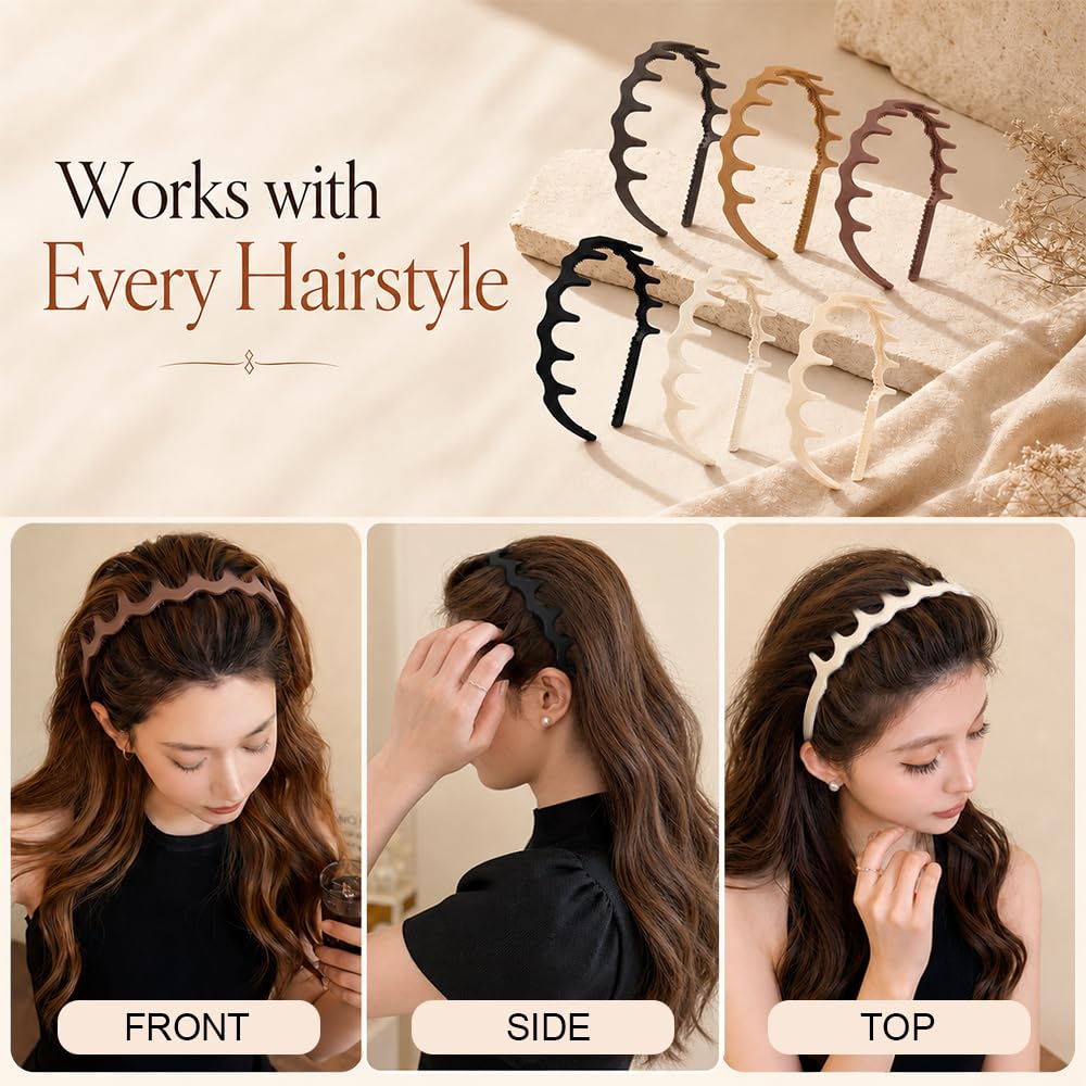 AHONEY 6 Pack Zig Zag Teeth Headbands with Matte Neutral – Trendy Non-Slip Hair Bands for Women Mens, Perfect for Daily Style or Skincare Routines