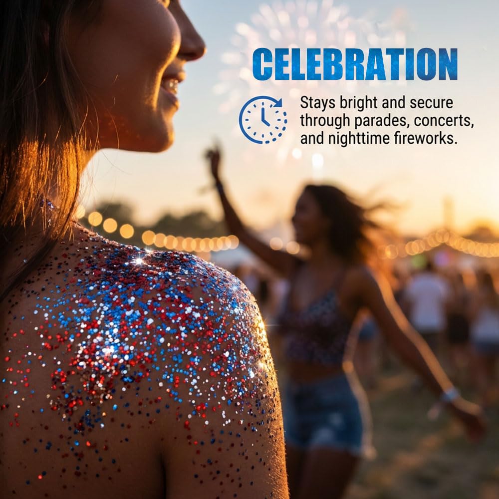 4th of July Glitter Stick, 2026 New Patriotic Red White and Blue Face Hair Body Glitter Stick, 4th of July Accessories Sparkling Glitter Makeup for Fourth of July Outfit Independence Memorial Day (1)
