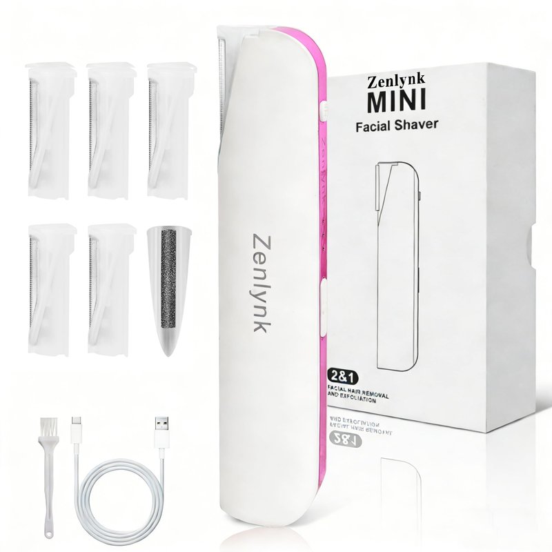 Vibration-Assisted Manual Dermaplane Razor for Women Face, Zenlynk Facial Exfoliator & Peach Fuzz Trimmer with 3 Vibration Modes, LED Light, 5 Replacement Blades & Exfoliating Scrubber, White
