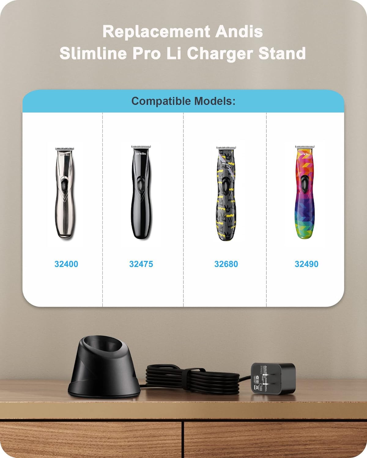 FGIEU Charging Stand Compatible with Andis 32400 32475 32810 33785 32490 Slimline Pro Lithium ion T-Blade Trimmer Replacement for Andis 77511 4.9V Charger Stand.
