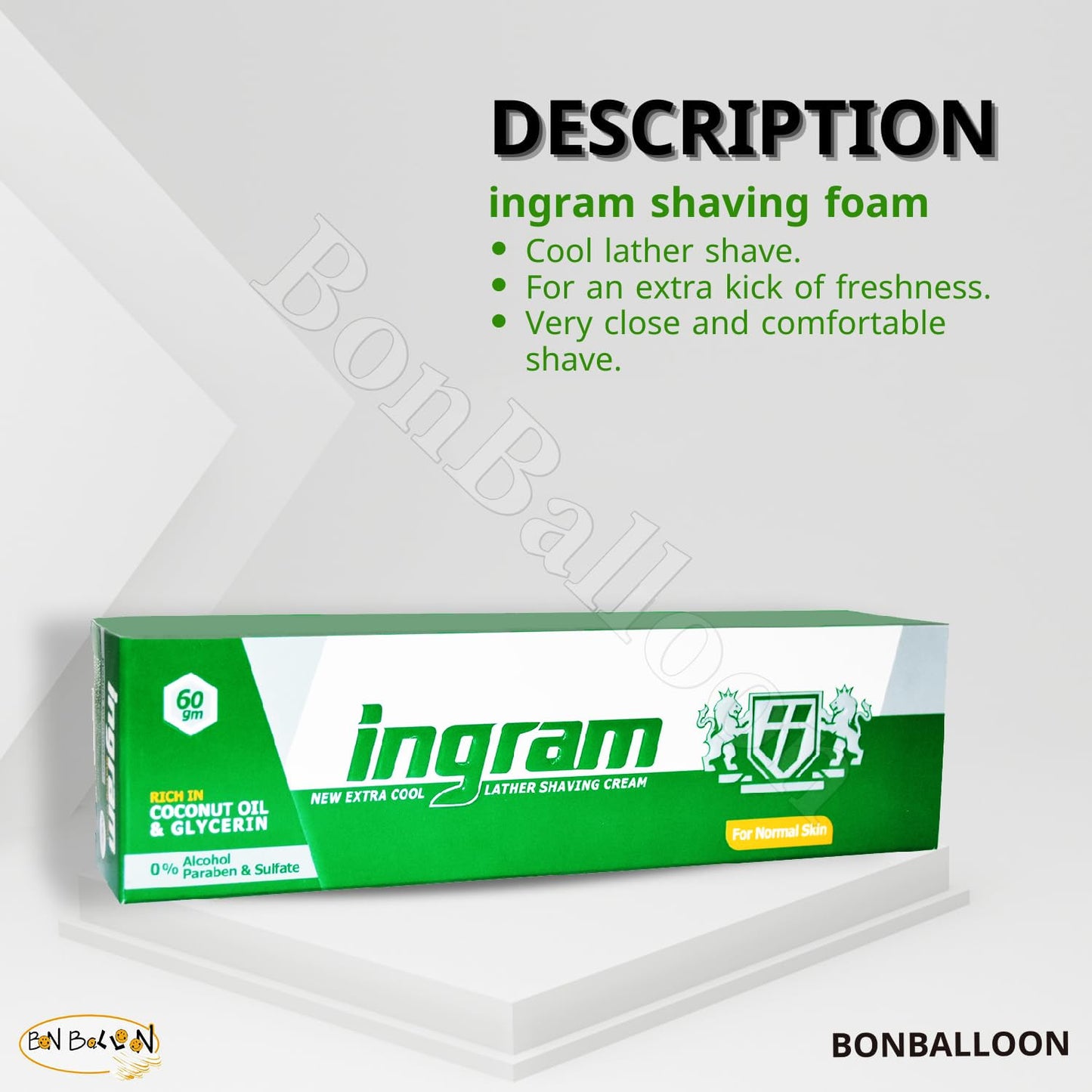 Ingram New Extra Cool Lather Shave Cream Shaving (1 Tube = 2.11 oz / 60 gm) Glycerin Coconut Oil Egypt Arab Egyptian Smoother And Closer Shave (4 Pack = 8.46 oz / 240 gm) كريم حلاقة إنجرام الأخضر