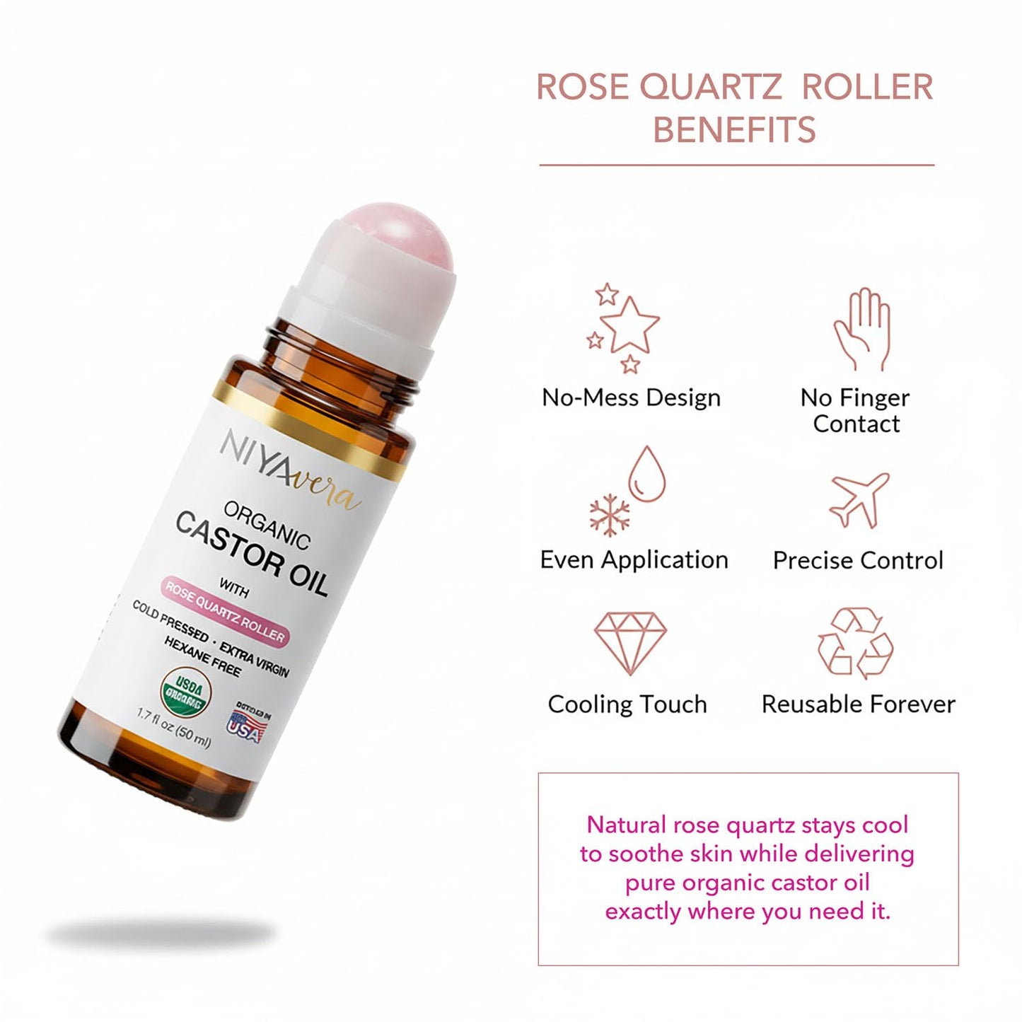 NIYAVERA Organic Castor Oil Roll on with Rose Quartz for Skin and Body - Cold Pressed Hexane Free Glass Bottle Unrefined 1.7 oz