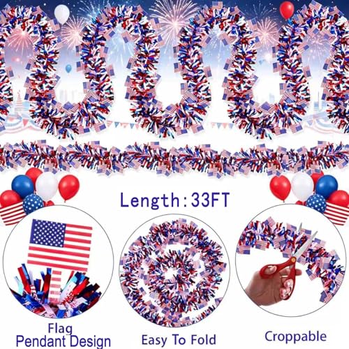 33-Foot Patriotic Tinsel Garland for 4th of July Decor