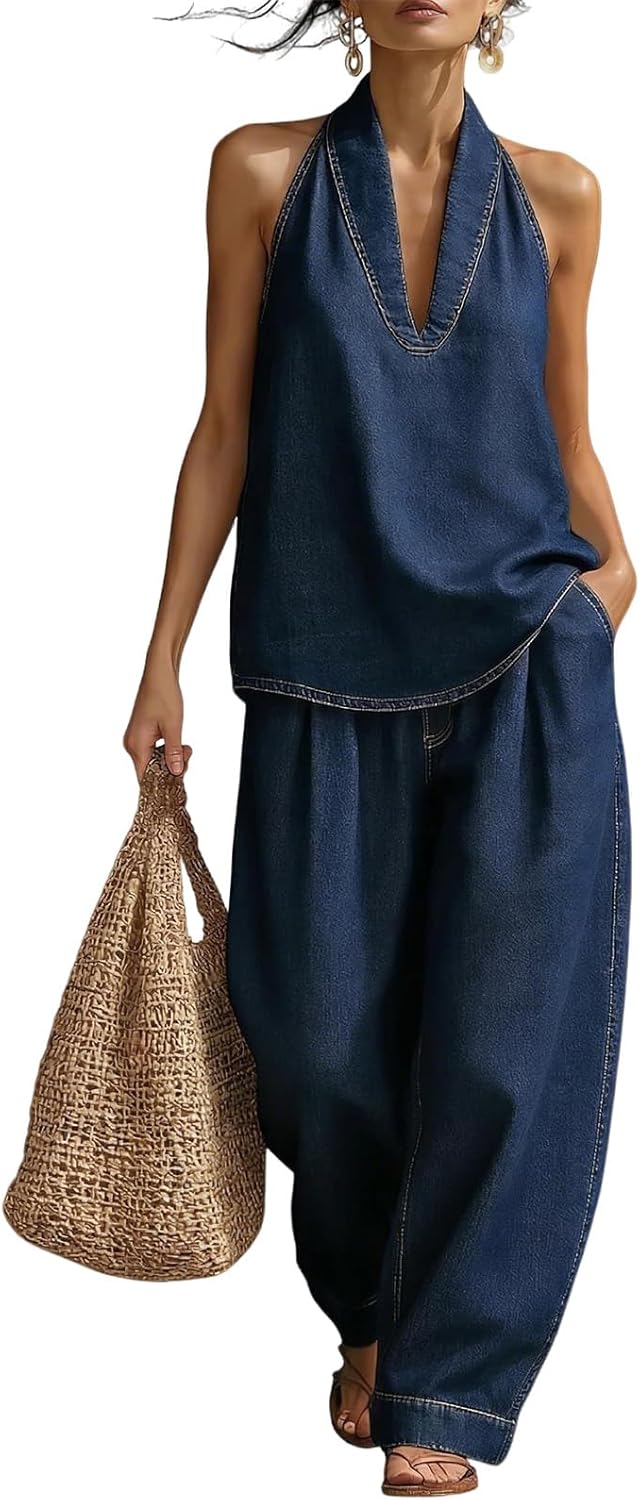 Women's Denim Outfit - Minimalist Halter Neck Top & High-Waisted Wide Leg Pants | Casual Travel Set