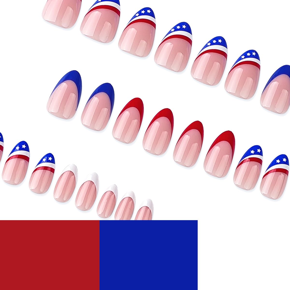 4th of July Press on Nails - French Tip Fake Nails with American Flag Design,Short Almond Patriotic False Nails Press ons for Women Independence Day Manicure 24Pcs