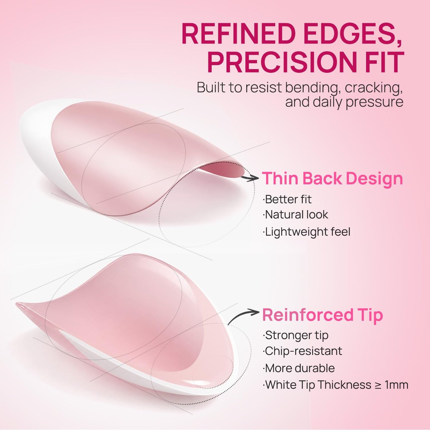 French Tip Short Almond Nail Tips - Pink Matte White Full Cover Press-On Nails | 15 Sizes for Salon & DIY Use