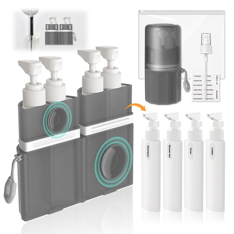 Travel Bottles for Toiletries - TSA Approved Shampoo & Conditioner Set with Suction Cups | Gray