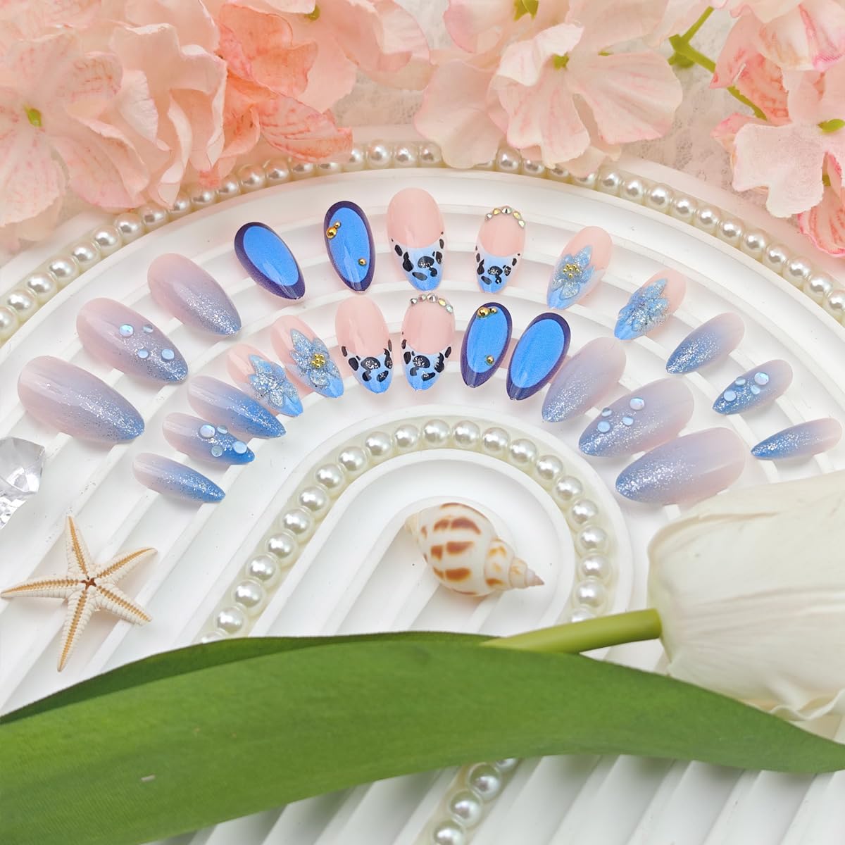 Leopard Print French Tip Press-On Nails - Medium Almond Shape with 3D Blue Flowers & Bling Rhinestones | Full Cover Acrylic Manicure