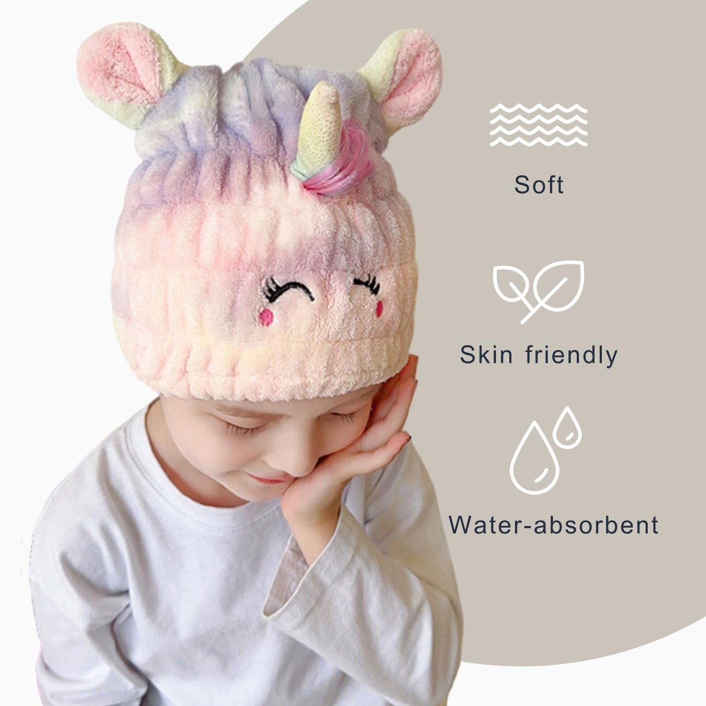 LCBD Microfiber Hair Towel Wrap for Kids, Unicorn Dry Hair Cap Suck Water, Absorbent Quick Girls Boys Hair Drying Towel, Lightweight Bouncy Hat Headscarf for Wet Hair