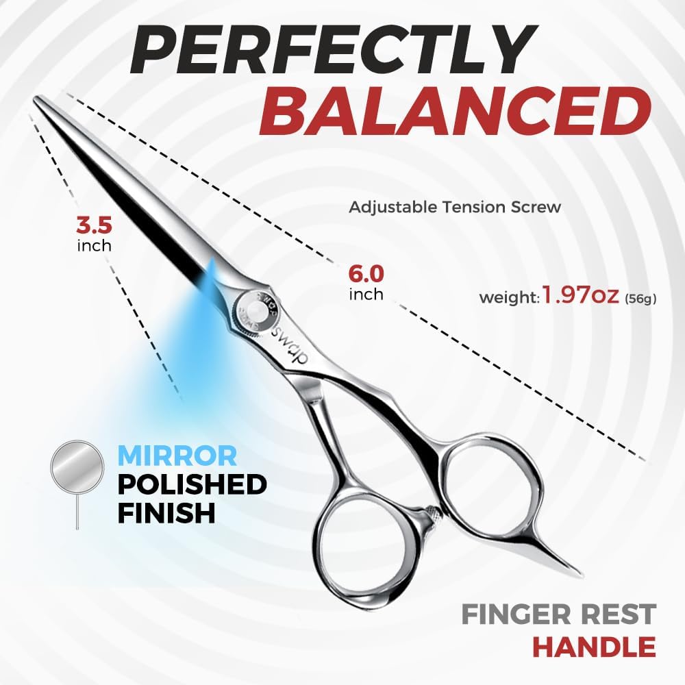 SWAP Professional Hair Cutting Scissors - 6.0'' Japanese SUS 440C Steel Shears with Adjustable Tension for Salon & Home Use