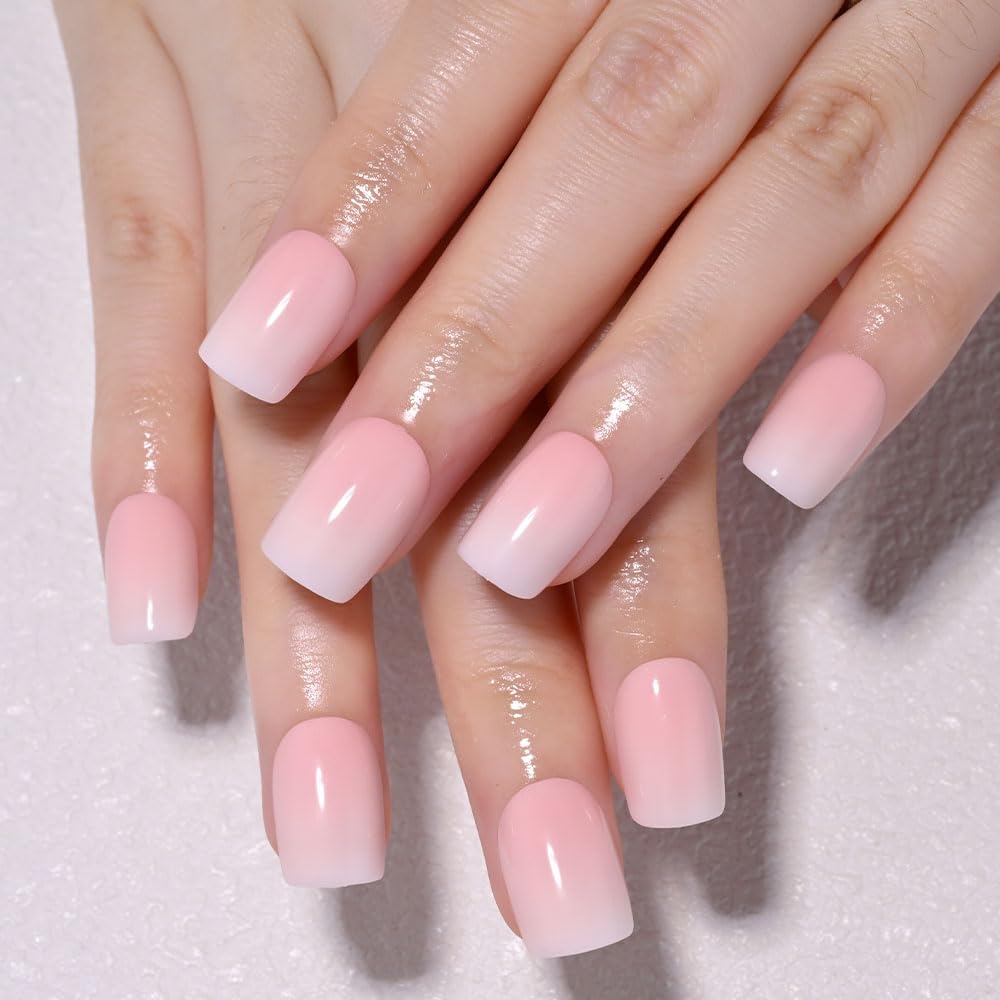 Ombre Press-On Nails - White & Light Pink Coffin Acrylic Design | 30 Pcs Reusable DIY Nail Art Kit for Women