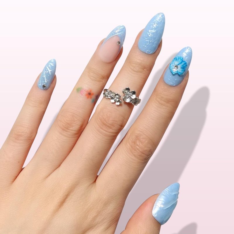 Press On Nails - Blue Agate Medium Almond Fake Nails with French Tip & 3D Flowers | 30-Piece Reusable Nail Kit for Women