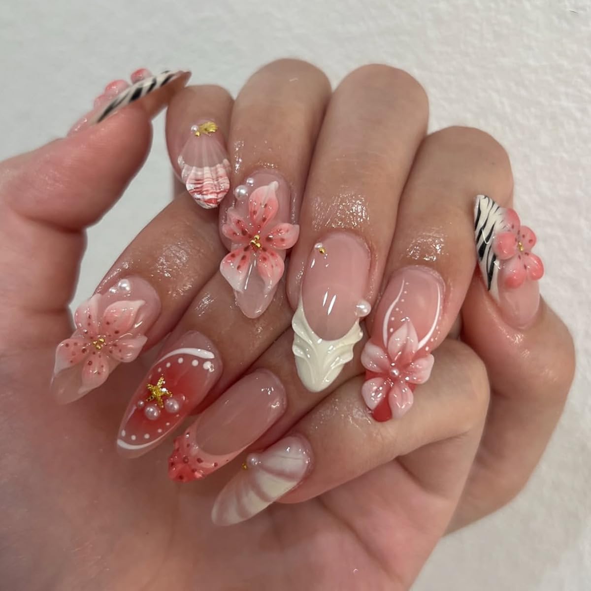Almond Press-On Nails - Ombre Purple Floral Butterfly Design | 24 Full Cover Rhinestone False Nails for Women