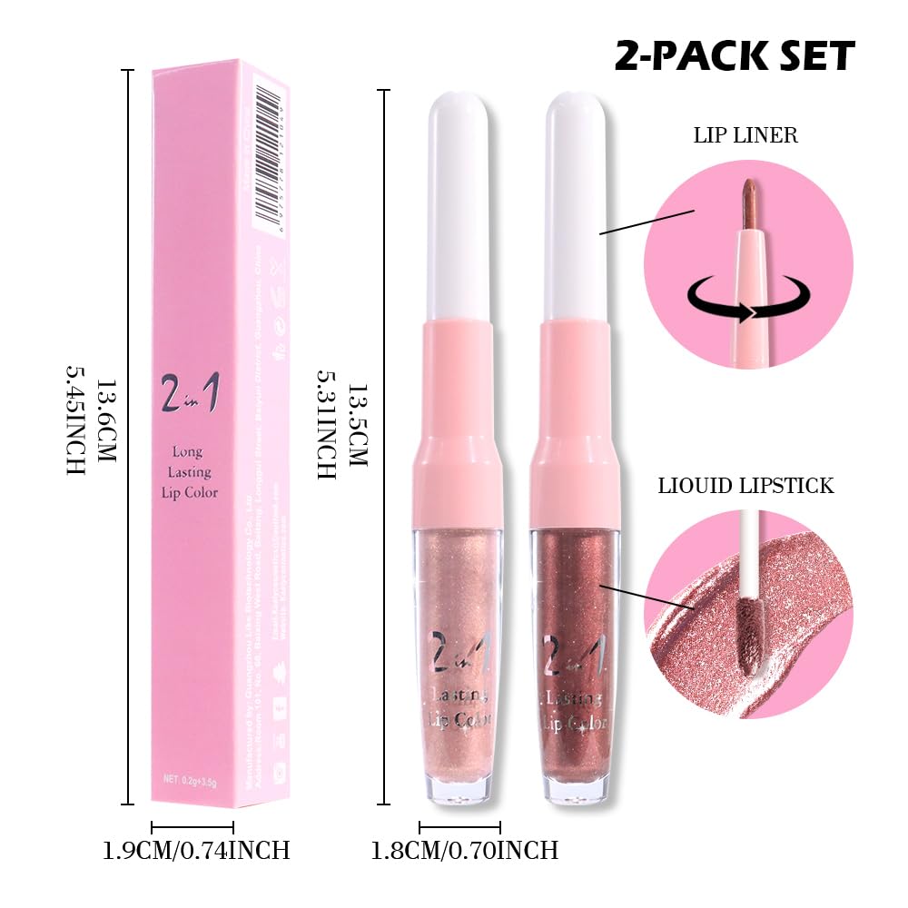 evpct 2Pcs Beige Gold Mature Red Metallic Glitter Lip Liner and Lipstick Combo, Shimmery Lip Gloss Stain Set Makeup for Women LongLasting Waterproof, Metallic Shimmer Iridescent Glossy Liquid Lipstick