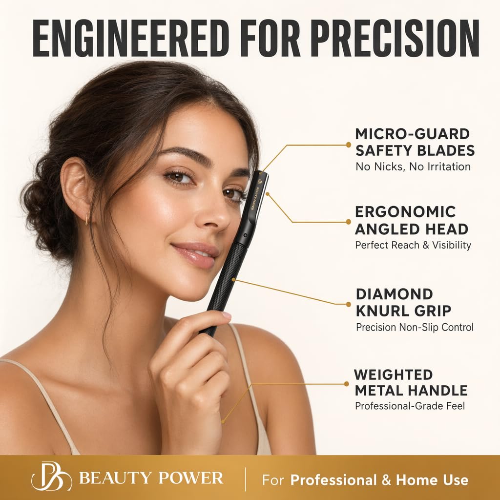 Eyebrow Razor - Beauty Power 6-Blade Trimmer with Travel Case | Precision Facial Shaver for Smooth Skin - Black