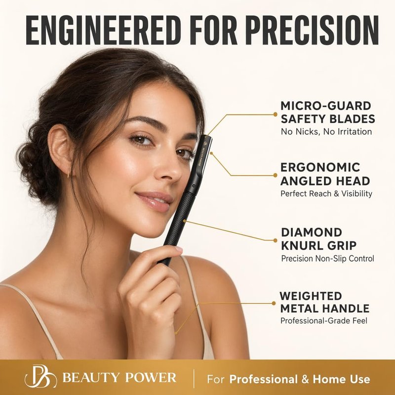 Beauty Power Eyebrow Razor with 6 Blades & Travel Case – Face Razors for Women & Men, Eyebrow Trimmer Shaper with Precision Cover, Facial Shaver & Dermaplaning Tool for Smooth Skin - Gift Idea - Black