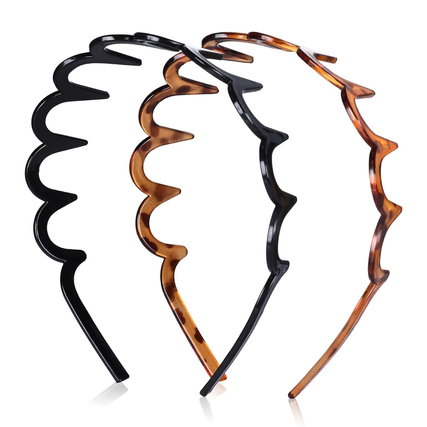 Zig Zag Headbands for Women - Non-Slip Wavy Plastic Hair Combs | Classic 90s Style, 2 Pack (Black & Brown)