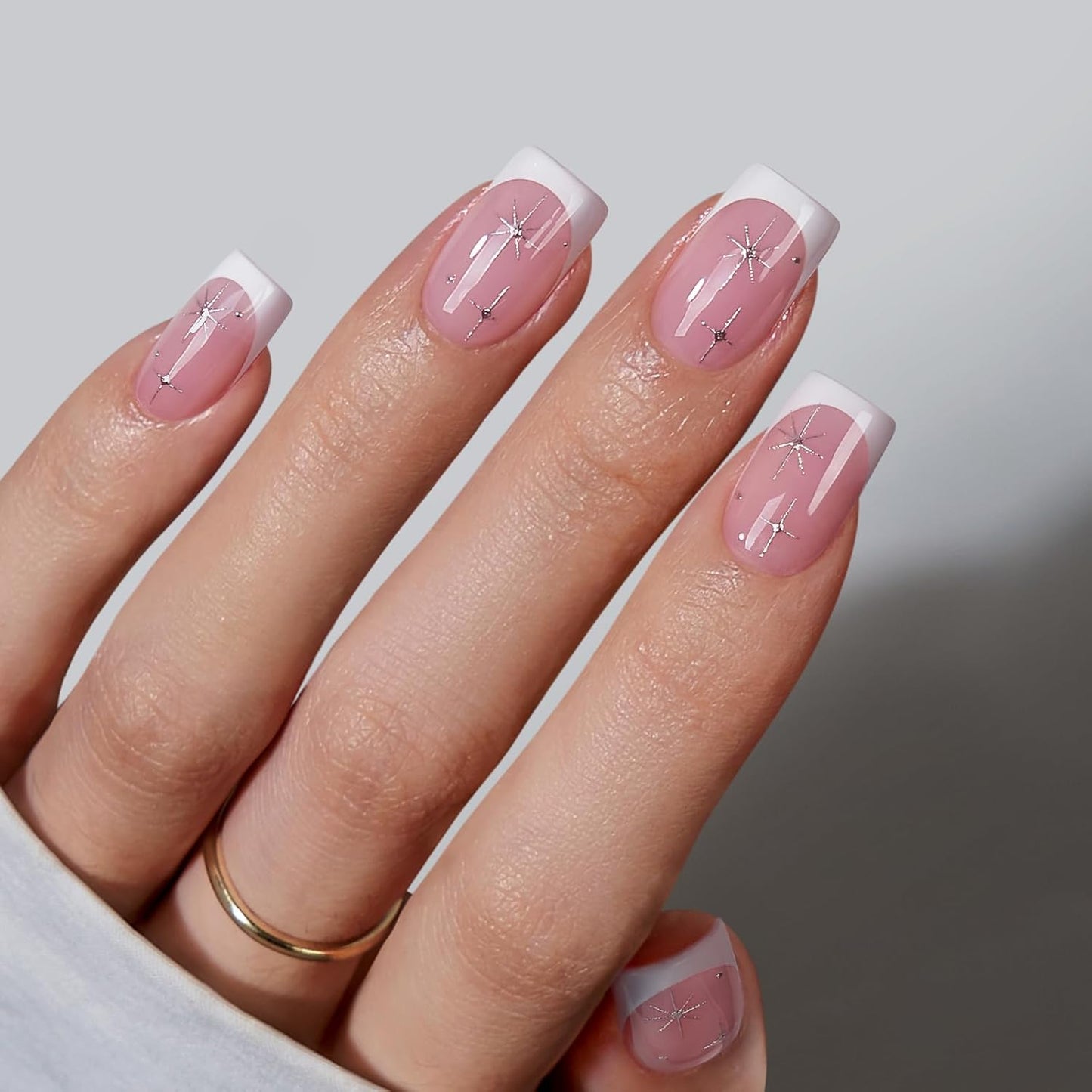 Press On Nails Almond - Gilded Cheer Short Glitter French Tips | 16 Sizes, Lamp-Curable Soft Gel Kit