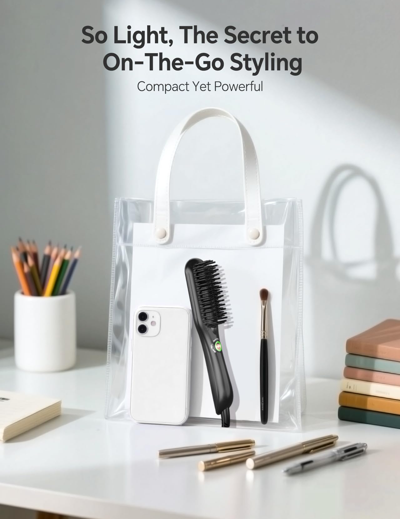 LANDOT Mini Hair Straightener Brush - Ionic Anti-Scald Travel Hot Comb