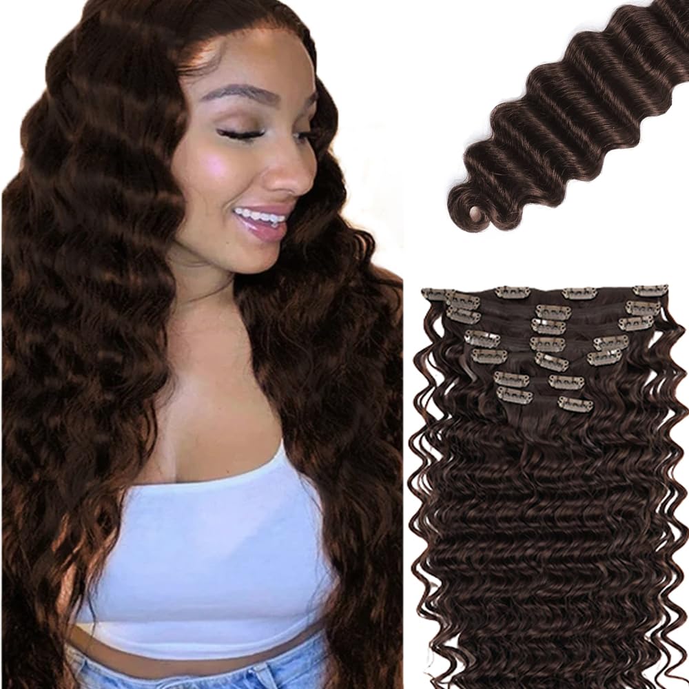 #4 Brown Clip in Hair Extensions Real Human Hair, 18 Inch 120g/7Pcs,Full Shine Dark Brown Remy Human Hair,Chocolate Brown Deep Wave Clip ins Brazilian Virgin Hair Extensions