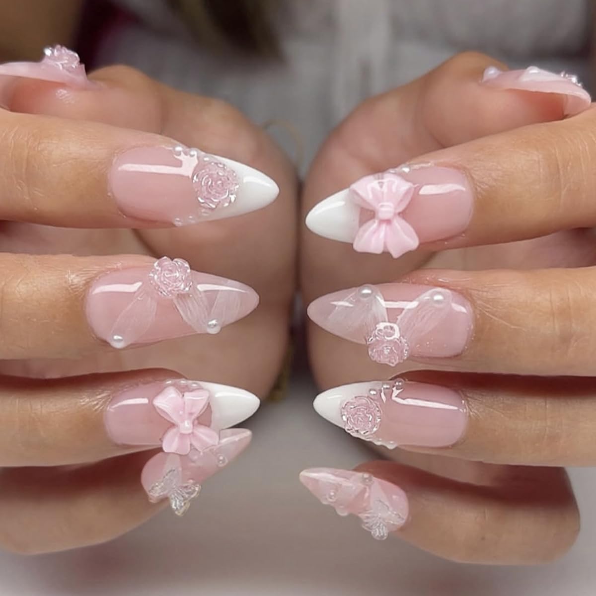 Pink Press-On Nails - 24 Pcs Short Almond White French with 3D Pearl Bow & Butterfly Design | Full Cover Acrylic Nail Art Tips for Women