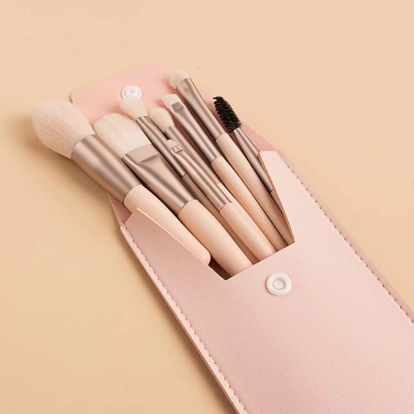 Mini Makeup Brush Set - 8 Pieces for Foundation, Blush, and Eye Shadow | Compact Travel Brushes in Apricot