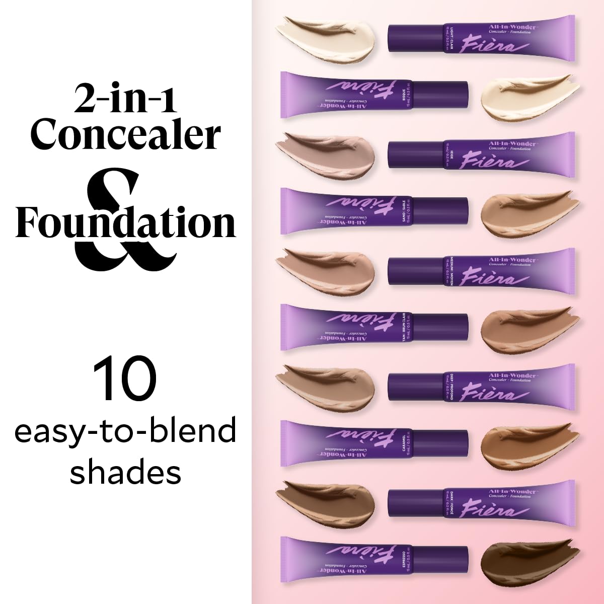 Fièra All-In-Wonder™ Concealer + Foundation – Full-Coverage, Crease-Proof, Hydrating Formula for Mature Skin, Blurs Fine Lines & Dark Circles, Radiant Second-Skin Finish – Light, 0.5 FL. OZ. / 15 ML
